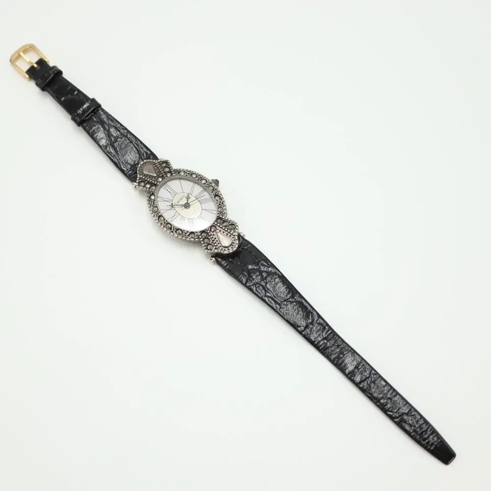 Cardini Marcasite Watch Women 24mm Silver Tone Roman Black Leather w New Battery